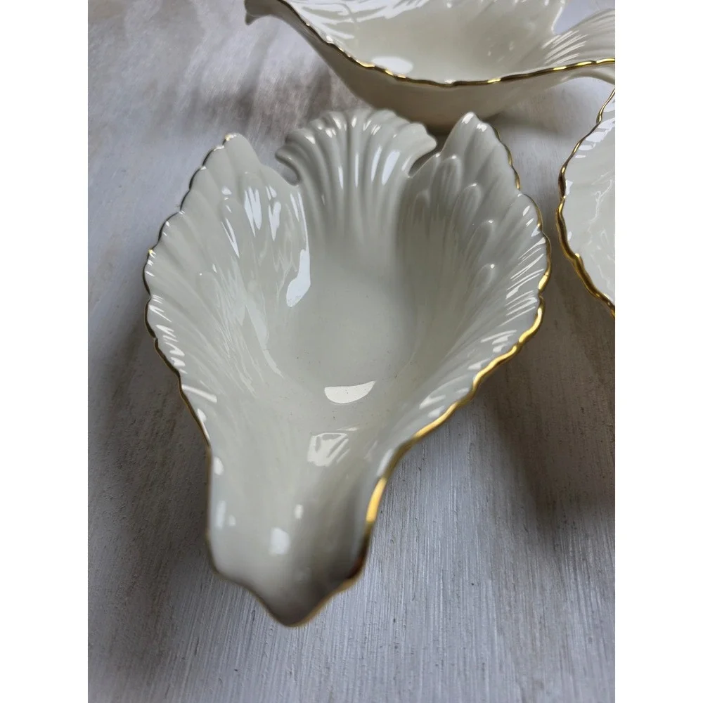 Lenox Dove Ivory Bone China Leaf Candy Dish Set of 3 Gold Trim Vintage USA Bowls